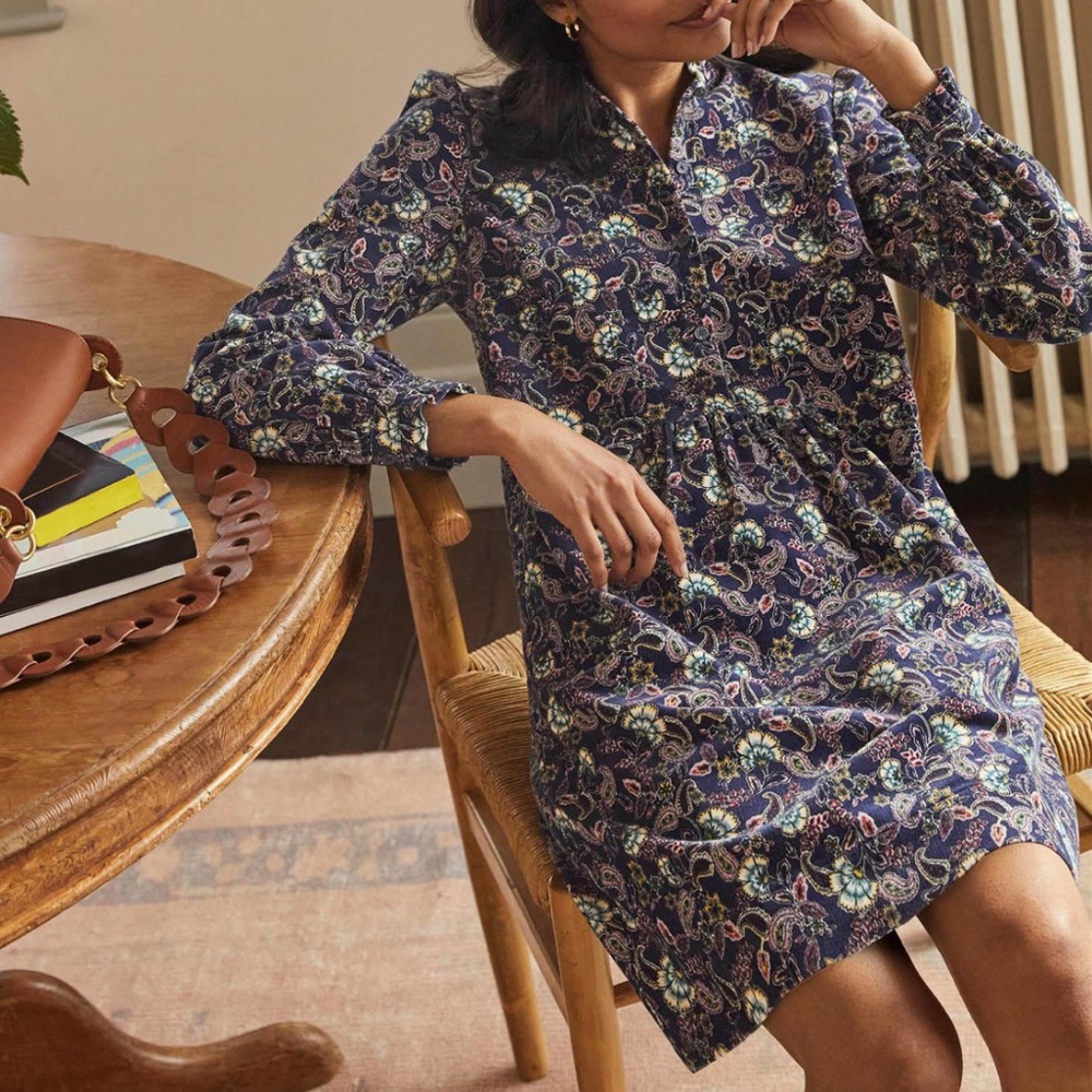 Boden Ruffle Neck Cord Mini Dress French Navy 12 Long